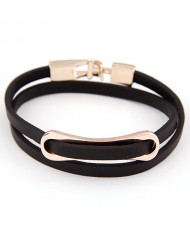 Simplistic Golden Oblong Buckle Two Layers Leather Fashion Bracelet - Black