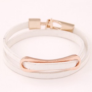 Simplistic Golden Oblong Buckle Two Layers Leather Fashion Bracelet - White