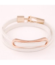 Simplistic Golden Oblong Buckle Two Layers Leather Fashion Bracelet - White