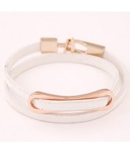 Simplistic Golden Oblong Buckle Two Layers Leather Fashion Bracelet - White