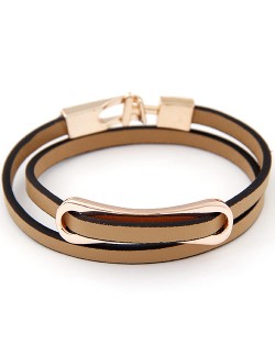 Simplistic Golden Oblong Buckle Two Layers Leather Fashion Bracelet - Khaki