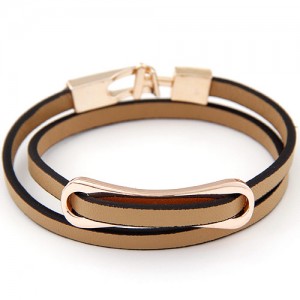 Simplistic Golden Oblong Buckle Two Layers Leather Fashion Bracelet - Khaki
