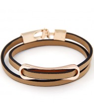 Simplistic Golden Oblong Buckle Two Layers Leather Fashion Bracelet - Khaki