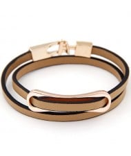 Simplistic Golden Oblong Buckle Two Layers Leather Fashion Bracelet - Khaki