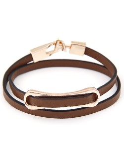 Simplistic Golden Oblong Buckle Two Layers Leather Fashion Bracelet - Brown