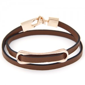 Simplistic Golden Oblong Buckle Two Layers Leather Fashion Bracelet - Brown