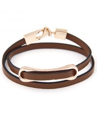 Simplistic Golden Oblong Buckle Two Layers Leather Fashion Bracelet - Brown