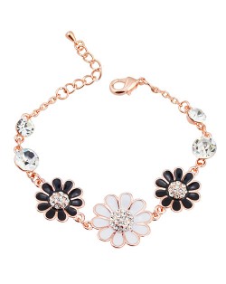 Graceful Oil-spot Glazed with Rhinestone Decorated Triple Chrysanthemum Bracelet - Black and White