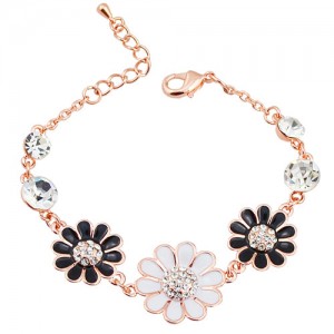 Graceful Oil-spot Glazed with Rhinestone Decorated Triple Chrysanthemum Bracelet - Black and White
