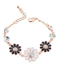 Graceful Oil-spot Glazed with Rhinestone Decorated Triple Chrysanthemum Bracelet - Black and White