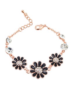 Graceful Oil-spot Glazed with Rhinestone Decorated Triple Chrysanthemum Bracelet - Black