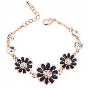 Graceful Oil-spot Glazed with Rhinestone Decorated Triple Chrysanthemum Bracelet - Black