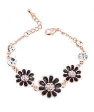 Graceful Oil-spot Glazed with Rhinestone Decorated Triple Chrysanthemum Bracelet - Black