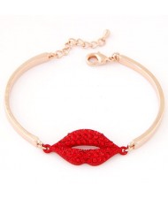 Sweet Czech Rhinestone Embedded Lips Pendant Fashion Bracelet - Red