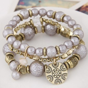 Vintage Style Alloy and Pearl Beads Multi-layer Fashion Bracelet - Gray
