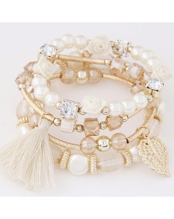 Flowers and Golden Leaf Pendants Beads and Pearl Multi-layer Fashion Bracelet - White