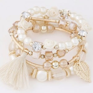 Flowers and Golden Leaf Pendants Beads and Pearl Multi-layer Fashion Bracelet - White