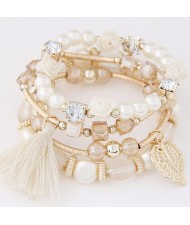 Flowers and Golden Leaf Pendants Beads and Pearl Multi-layer Fashion Bracelet - White