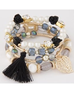 Flowers and Golden Leaf Pendants Beads and Pearl Multi-layer Fashion Bracelet - Black