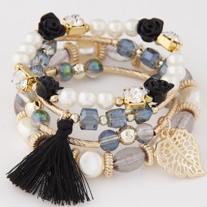 Flowers and Golden Leaf Pendants Beads and Pearl Multi-layer Fashion Bracelet - Black