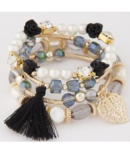 Flowers and Golden Leaf Pendants Beads and Pearl Multi-layer Fashion Bracelet - Black