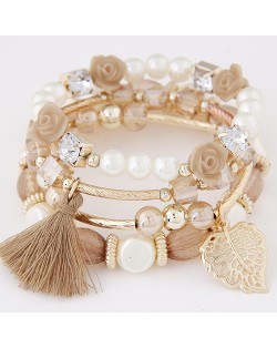Flowers and Golden Leaf Pendants Beads and Pearl Multi-layer Fashion Bracelet - Brown