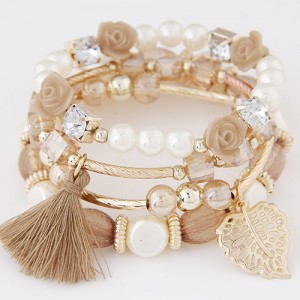Flowers and Golden Leaf Pendants Beads and Pearl Multi-layer Fashion Bracelet - Brown