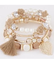 Flowers and Golden Leaf Pendants Beads and Pearl Multi-layer Fashion Bracelet - Brown