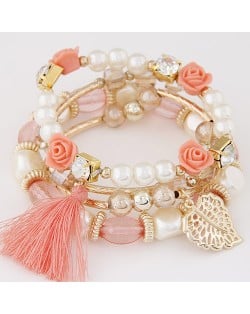 Flowers and Golden Leaf Pendants Beads and Pearl Multi-layer Fashion Bracelet - Pink