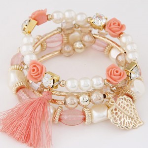 Flowers and Golden Leaf Pendants Beads and Pearl Multi-layer Fashion Bracelet - Pink