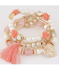 Flowers and Golden Leaf Pendants Beads and Pearl Multi-layer Fashion Bracelet - Pink