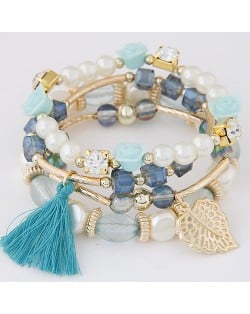 Flowers and Golden Leaf Pendants Beads and Pearl Multi-layer Fashion Bracelet - Blue