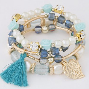 Flowers and Golden Leaf Pendants Beads and Pearl Multi-layer Fashion Bracelet - Blue