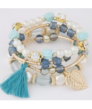 Flowers and Golden Leaf Pendants Beads and Pearl Multi-layer Fashion Bracelet - Blue