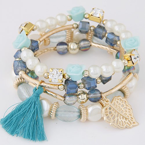 Flowers and Golden Leaf Pendants Beads and Pearl Multi