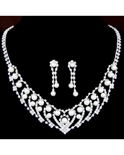 Lovely Heart Inspired Pearl Inlaid Rhinestone Necklace and Earrings Set