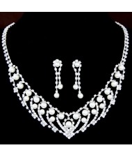 Lovely Heart Inspired Pearl Inlaid Rhinestone Necklace and Earrings Set