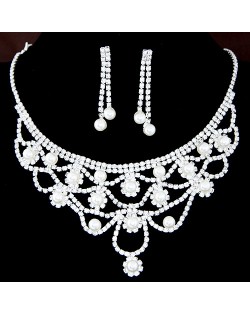 Pearls Embellished Flowers Design Rhinestone Necklace and Earrings Set