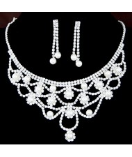 Pearls Embellished Flowers Design Rhinestone Necklace and Earrings Set