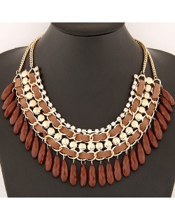 Rhinestone and Waterdrop Beads Weaving Fashion Costume Necklace - Brown