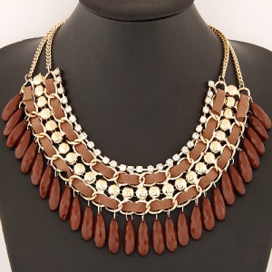 Rhinestone and Waterdrop Beads Weaving Fashion Costume Necklace - Brown