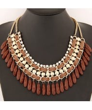 Rhinestone and Waterdrop Beads Weaving Fashion Costume Necklace - Brown