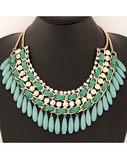 Rhinestone and Waterdrop Beads Weaving Fashion Costume Necklace - Green