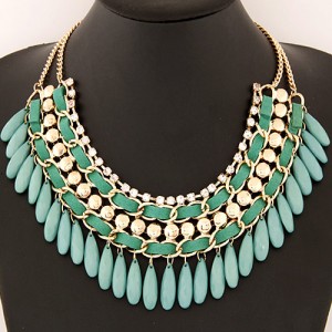 Rhinestone and Waterdrop Beads Weaving Fashion Costume Necklace - Green