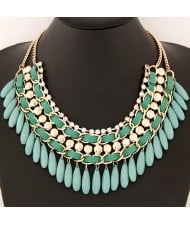 Rhinestone and Waterdrop Beads Weaving Fashion Costume Necklace - Green