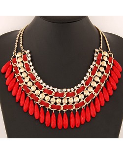 Rhinestone and Waterdrop Beads Weaving Fashion Costume Necklace - Red