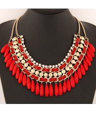 Rhinestone and Waterdrop Beads Weaving Fashion Costume Necklace - Red