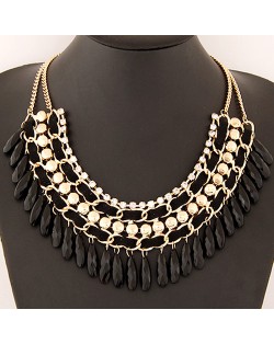 Rhinestone and Waterdrop Beads Weaving Fashion Costume Necklace - Black
