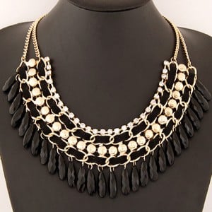 Rhinestone and Waterdrop Beads Weaving Fashion Costume Necklace - Black
