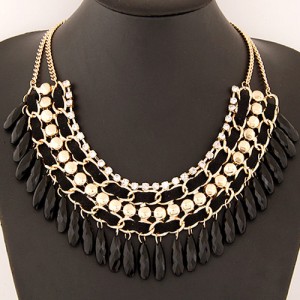Rhinestone and Waterdrop Beads Weaving Fashion Costume Necklace - Black